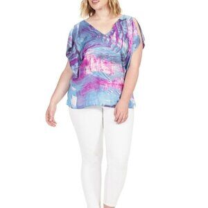 Rachel Roy Womens Blue Pink Marbled Short Flutter Sleeve Top Plus Sz 0X New